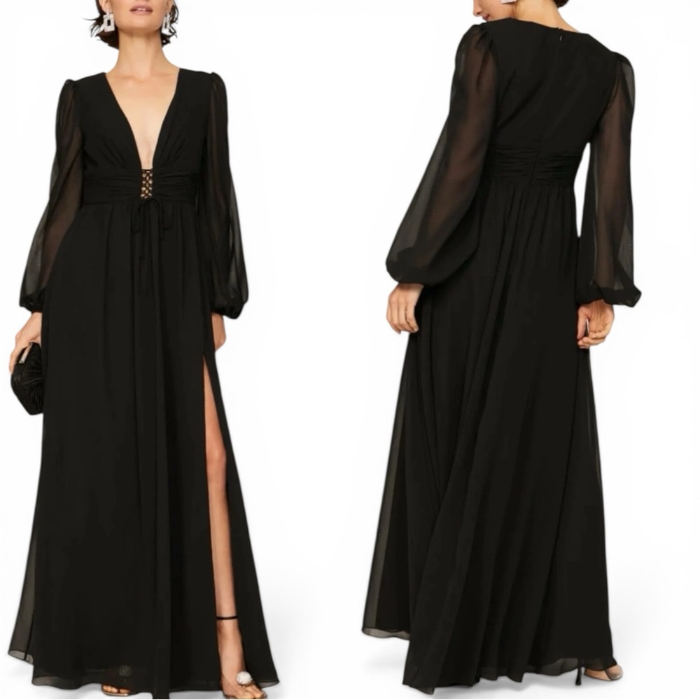 IEENA for Mac Duggal Dress Women Black Size 6 Maxi Long Sleeve Deep V Slit